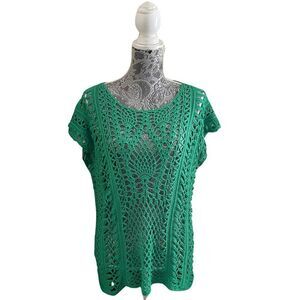 Chico’s Gloria Crochet Open Knit Pullover Sweater Green